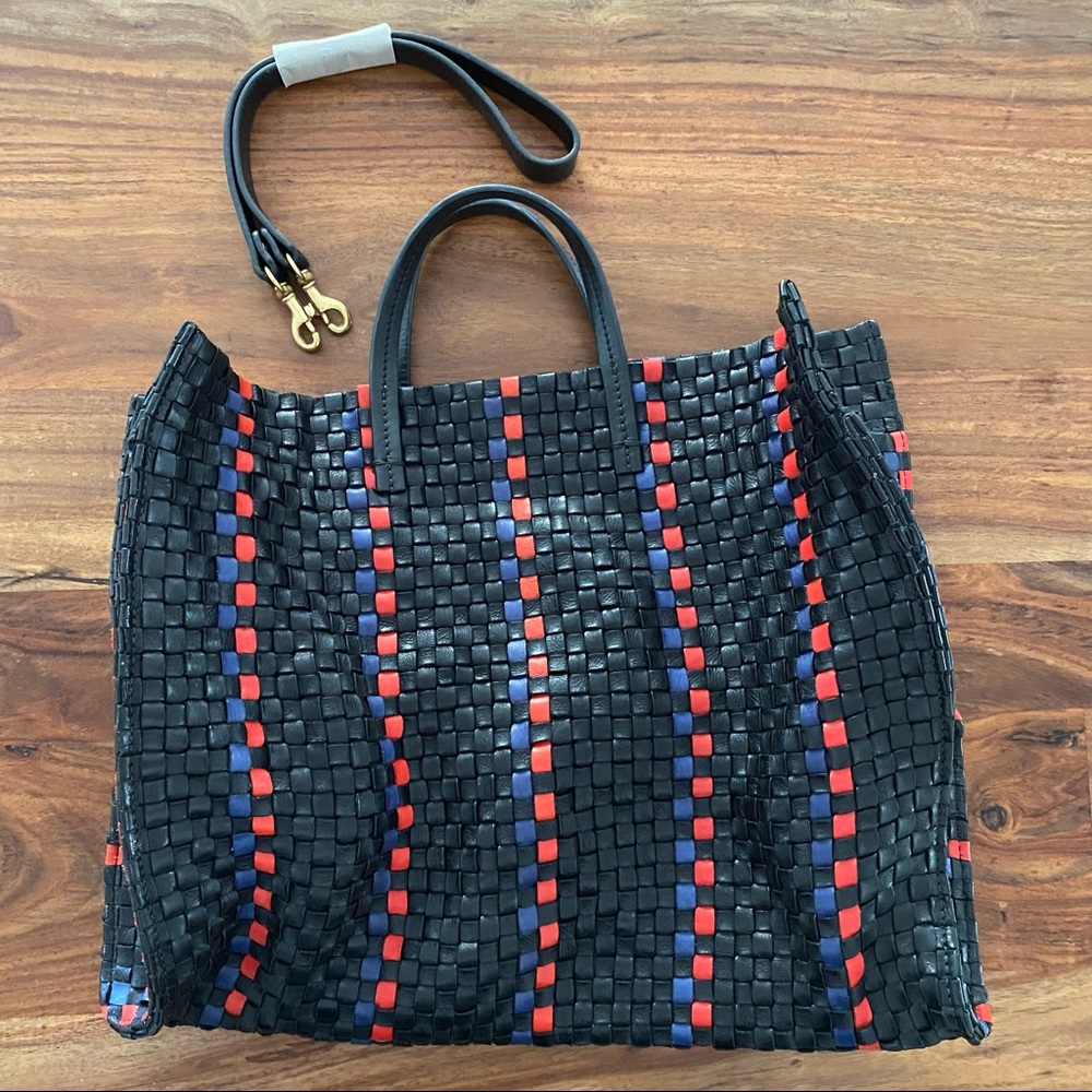 Clare V. Simple Tote in black with pacific & cherry red woven striped checker